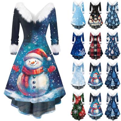 Damenmode V-Ausschnitt Casual Fit Weihnachtsdruck Party Langarmkleid
