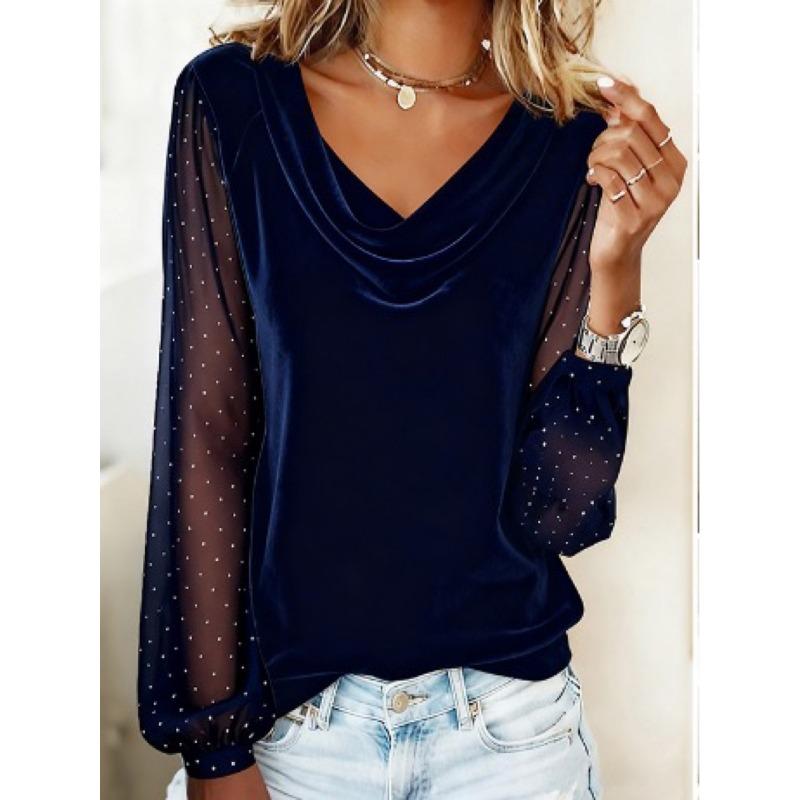 

New Women s Solid Color V-neck Mesh Rhinestone Long Sleeves XXXL темно-синього кольору