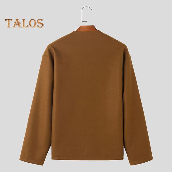 Men Woolen Coat Round Neck Long Sleeve Single Breasted Regular Fit Solid Color Jacket with Pockets Winter Overcoat