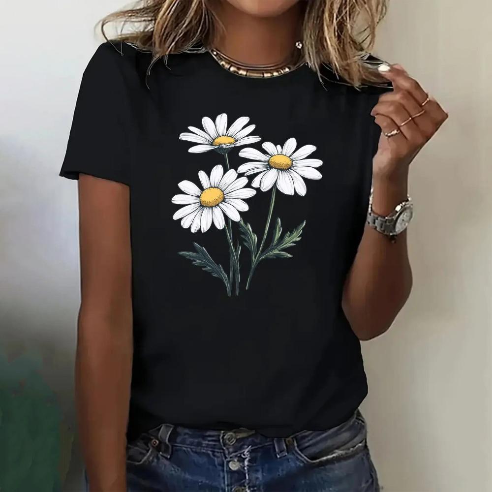 Ny Sommar 3D-tryckt Dam T-shirt Utomhus Rund Hals Kort Ärm Blommönster Tryck Kvinnlig Streetwear Mode Kläder