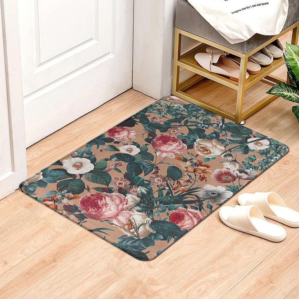 Beautiful Flowers Entrance Door Floor Mat Door Mat Non-Slip Foot Pad Home Welcome Carpet for Hallway Bath Kitchen Doormat