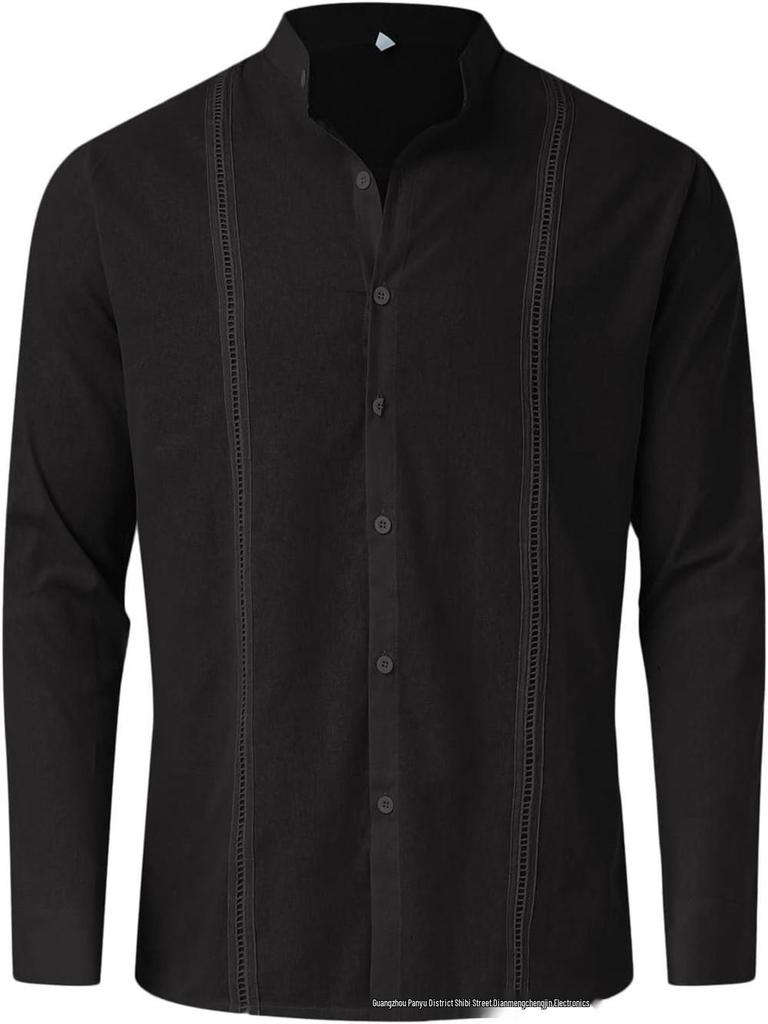 Men's Casual Cotton Linen Stand Collar Shirt - European & American Style for Summer Beach Vacation 2023