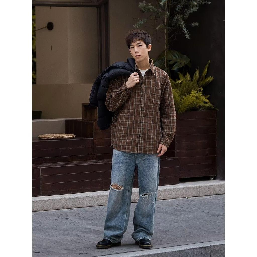 American Casual Brown Plaid Shirt Coat Boys and Girls College Style Blouse Simple Loose Retro Long Sleeve Top