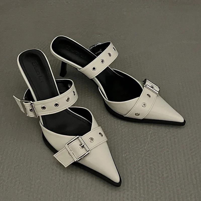 Fashion Punk Metal Buckle High Heels Shoes for Women Sexy Pointed Toe Stiletto Heel Sandals Woman Summer 2025 Fashion Party Silver Pumps