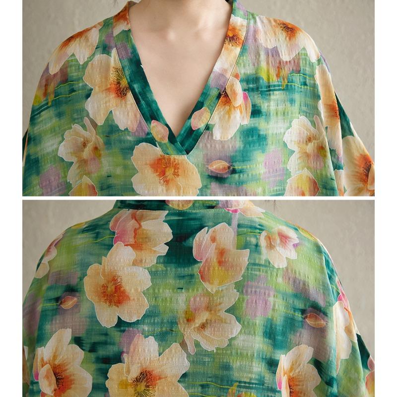 Dimanaf Plus Size 2025 Summer Dress V-Neck Women Casual Vintage Flower Dress Basic Long Loose Dress Maxi