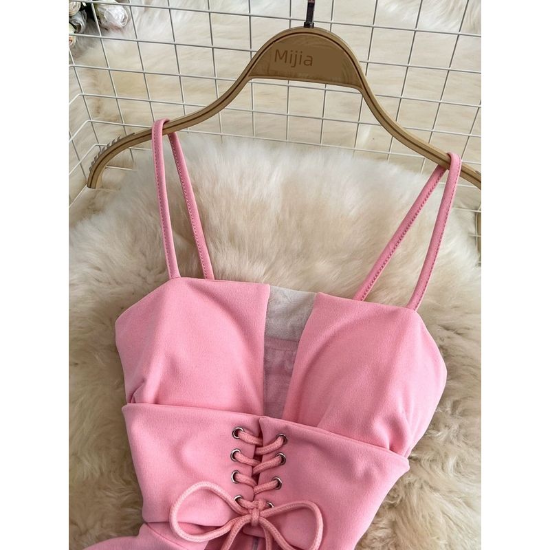 Summer Korean New Nightclub Sexy Tube Top Suspender Skirt Mesh Patchwork Cut Out Lace-up Waist-Controlled A- line Dress