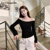 La Chapelle Women's Slim Fit V-Neck Long Sleeve T-Shirt with Mesh & Rhinestone Embellishment