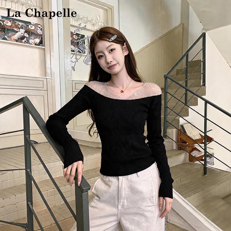 La Chapelle Women's Slim Fit V-Neck Long Sleeve T-Shirt with Mesh & Rhinestone Embellishment