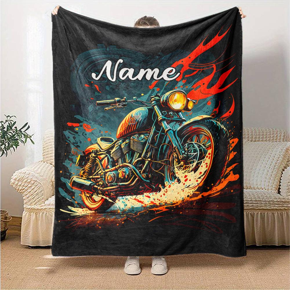 Motorcycle Flames Personalized Name Blanket With Customizable Name Four Seasons Comfortable Shawl Blanket Suitable For Home Travel Camping Office