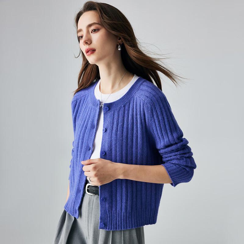 PALUOPO Women's Ribbed Jacquard Round Neck Cashmere Cardigan