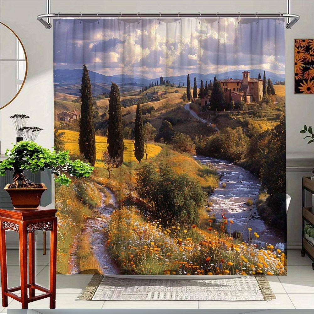1pc Scenic Landscape Shower Curtain with Tuscany Countryside Design, Polyester Fabric, 70. 8x70. 8 Inches, Includes 12 Hooks, 90x180cm
