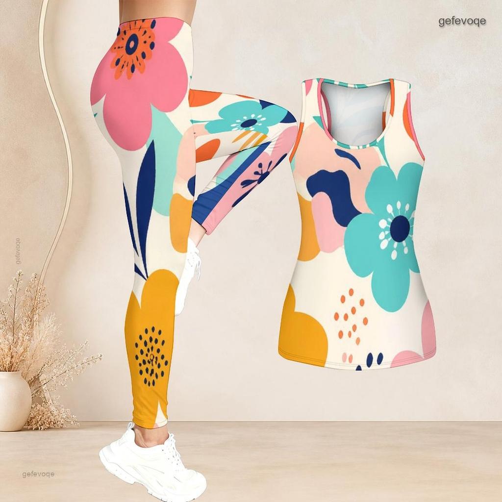 Women Plus Size Two Piece Set Scoop Neck Sleeveless Tank Top Fitted Floral Printed Pants Orange Blue Off White