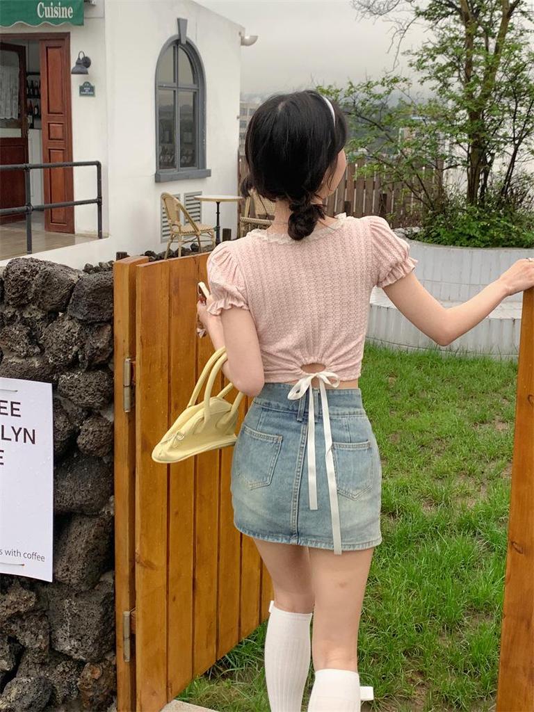 Women's Summer 2025 Square Neck Lace Short Sleeve Ballet Style Slim Fit T-Shirt