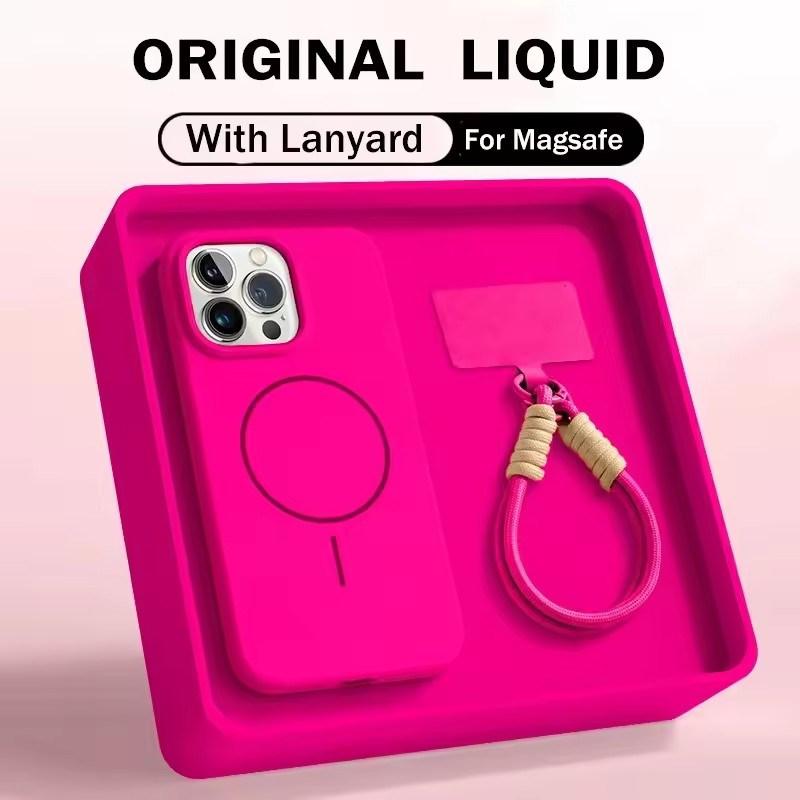 Liquid Silicone Wrist Strap Magnetic Case for iPhone 17 16 15 14 13 12 Pro Max Plus Candy Color Lanyard Shockproof Soft Cover