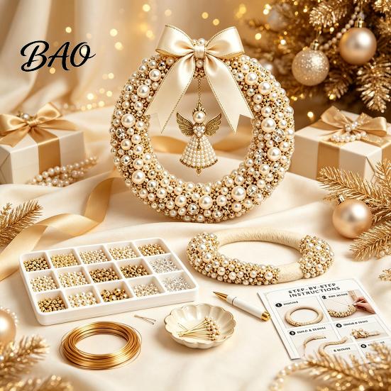 Stress Free DIY Crafting Kit Christmas Pearl Wreath Kit, Handmade Beaded Holiday Door Decor, Decoration Wall Hanging Elegant Craft Project for