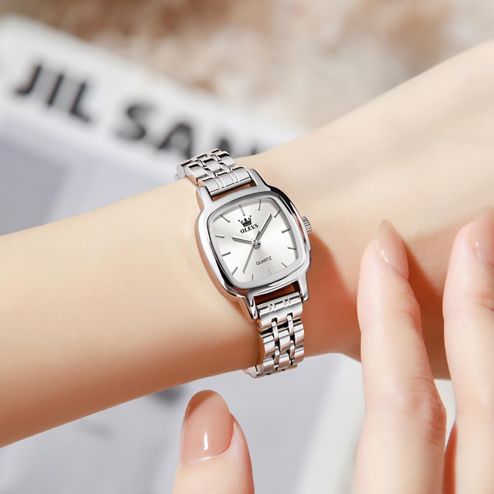 OLEVS Slim Quartz Slim Stainless Square 3 ATM Water Simple Gift for White Women's Watch, Movement, Steel, Dial, Resistant, Design, Women,