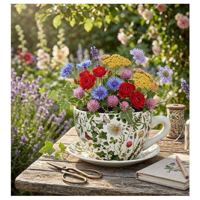 Pot de fleurs - EDEN - En forme de tasse - Céramique - Motif floral - Vert 23×25×14 cm