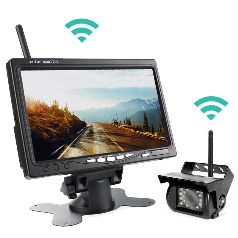 Kit 4 Telecamere Posteriori Wireless 1080P HD Con Monitor 7″ – Per Camper, Camion, Auto, Roulotte – Visione Notturna, IP68, Split Screen, BSD