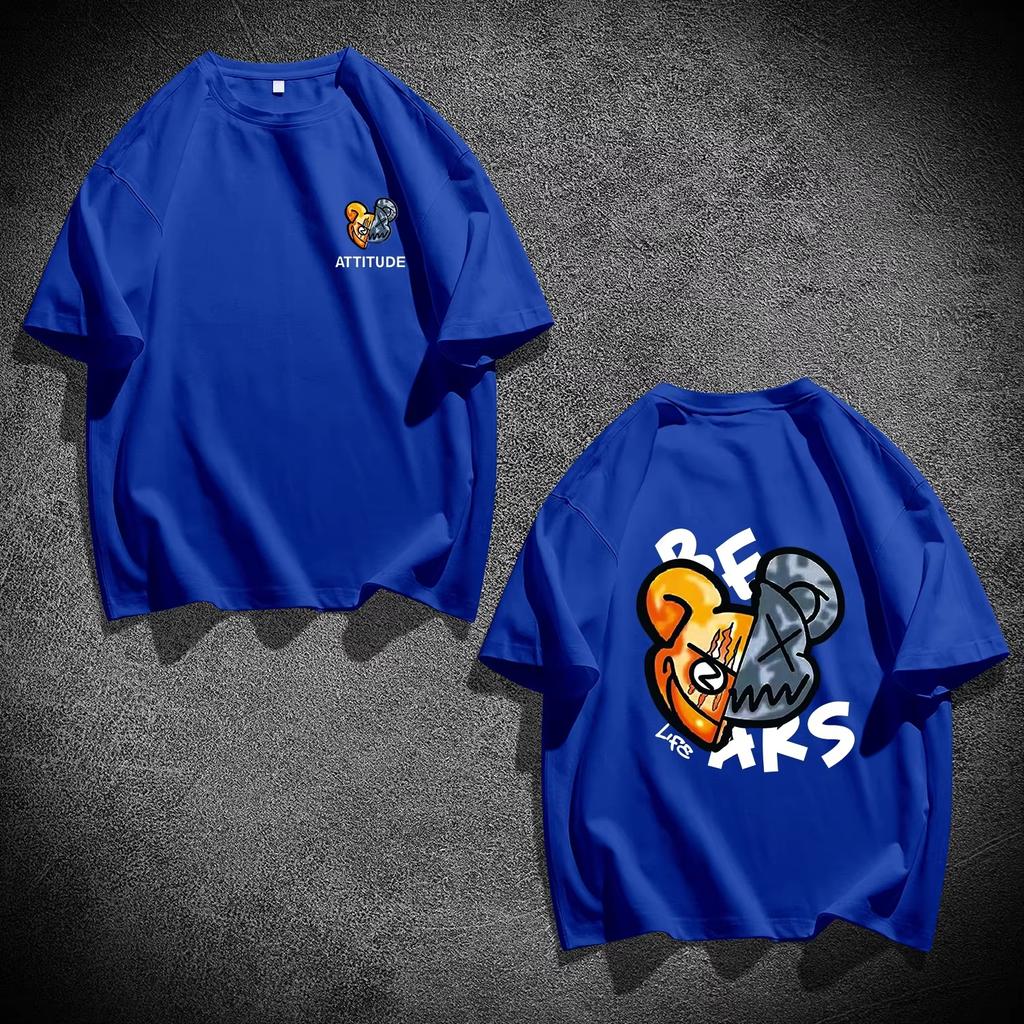 2025 New Men's Bear Print Cotton T-shirt Summer Short Sleeve Round Neck Tees Loose Classic Streetwear Oversized Unisex Tops