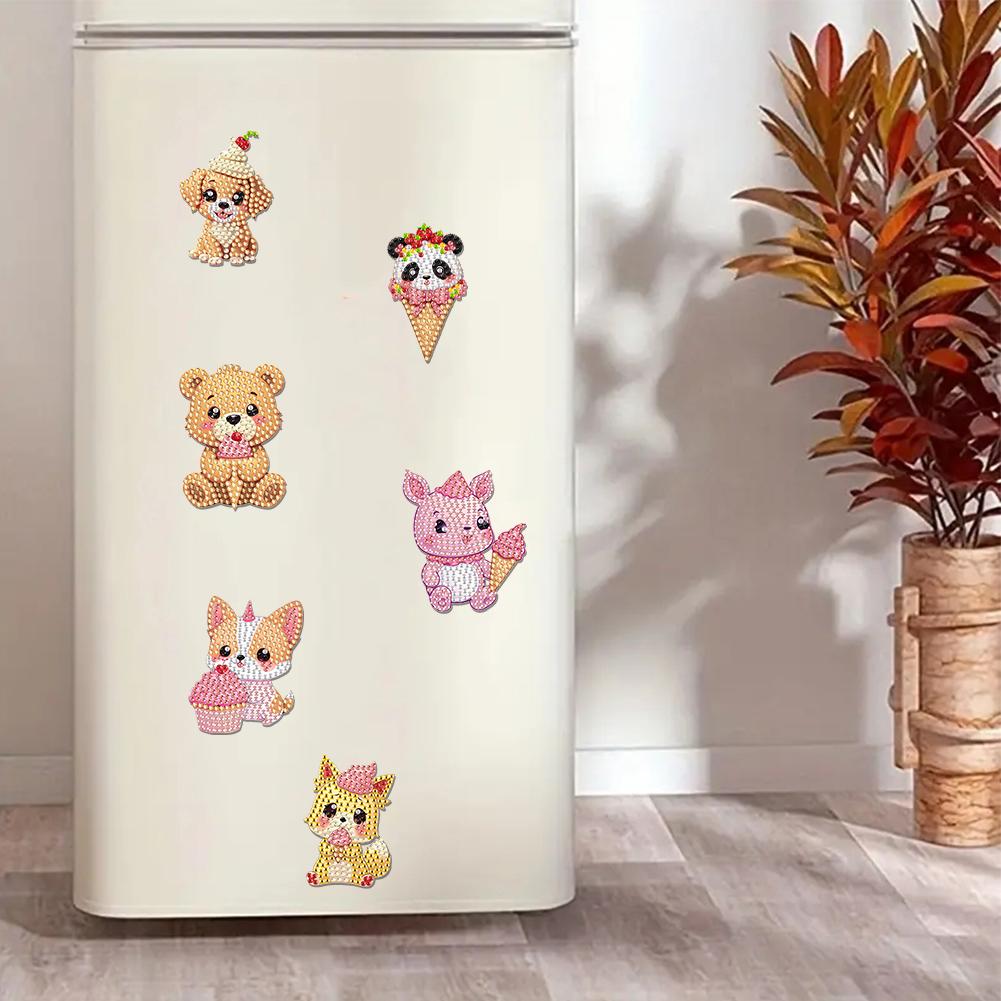6Pcs Acrylic Flower Dogs Fridge Stickers Diamond Art Magnets Decals Diamond Painting Refrigerator Magnet for Adults Beginners