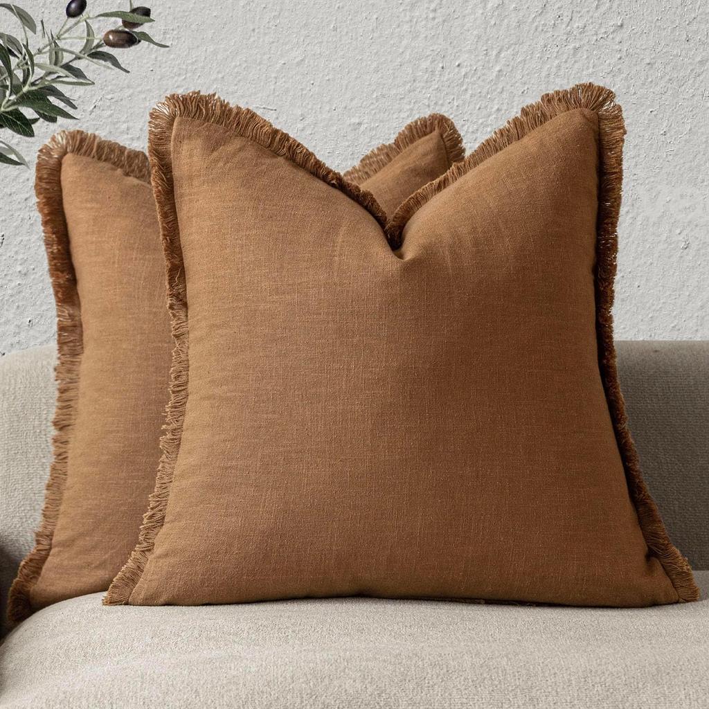 Fundas de Cojín Decorativas de Lino Verde Oliva con Flecos Estilo Boho Granja con Borlas Funda de Cojín para Sofá Sala de Estar 18×18 Pulgadas