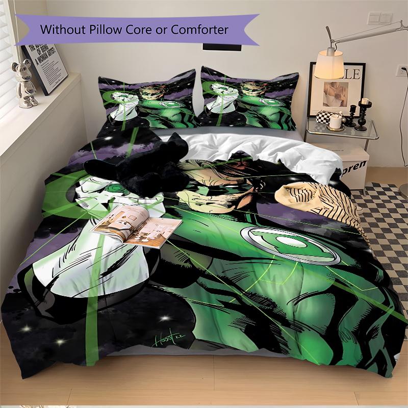 3Pcs Green Lantern Power Bedding Set Soft Fabric Duvet Cover Pillowcases Home Christmas Xmas Halloween Gift 1 Duvet Cover 2 Pillowcase G113