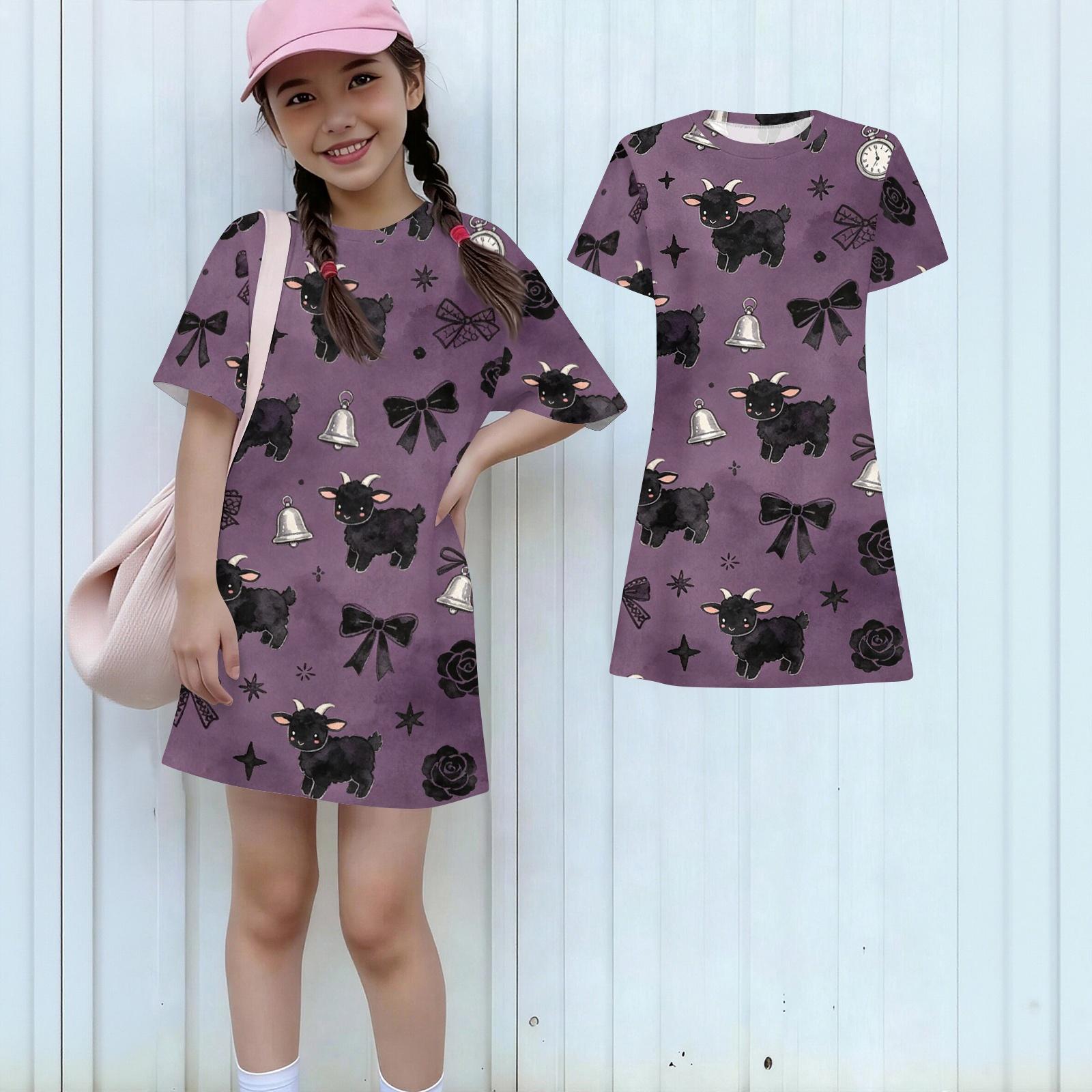

Girls Loose Fit Short Sleeve Dress Lightweight Round Neck Casual Animal Print Summer Dress for Children Comfortable Daily Wear 140 чорний