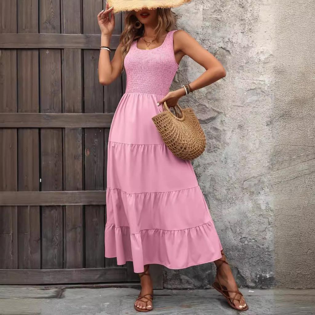 Dames U-hals Mouwloze Midi Jurk Losse Pasvorm Hoge Taille Elegante Gelaagde A-lijn Maxi Jurk