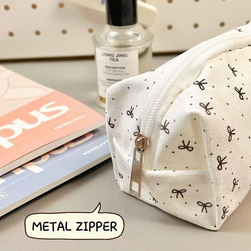 Canvas Pencil Case Cute Mini Bow Print And Large Capacity Smooth Zipper For Students School Daily Stationery Storage