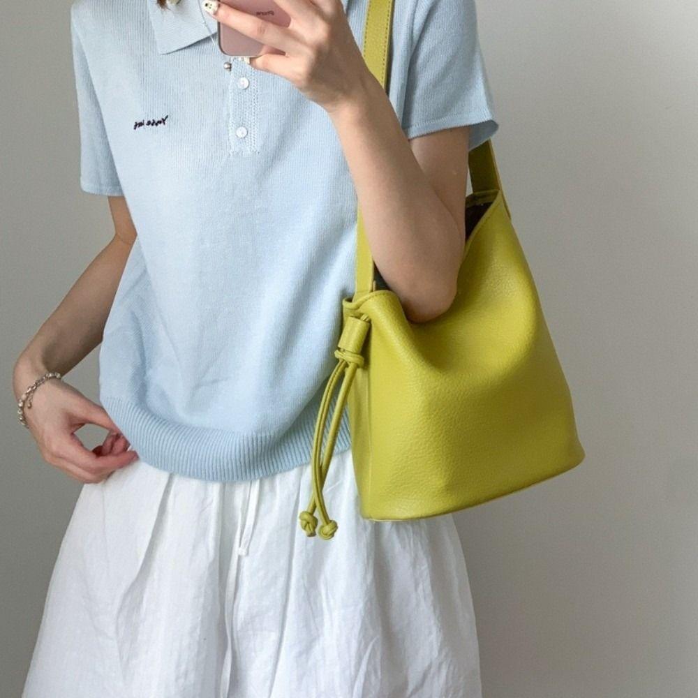 Solid Color Women Shoulder Bag Korean Underarm Bag All-Match Soft Leather Bucket Bag  Daily