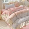 4pcs  Korean Lace Duvet Cover Set (1*Duvet Cover + 2*Pillowcase, Bed Sheet/fitted Sheet), Pink Checkered Print Bedding Set