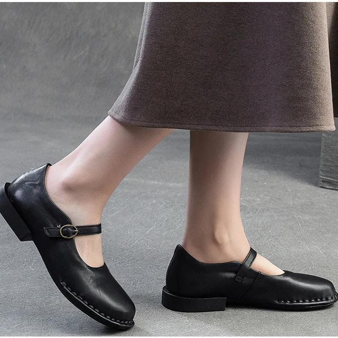 Johnature Genuine Leather Women's Shoes Belt Buckle Simple Solid Color Versatile Round Toe Low Heel Pumps