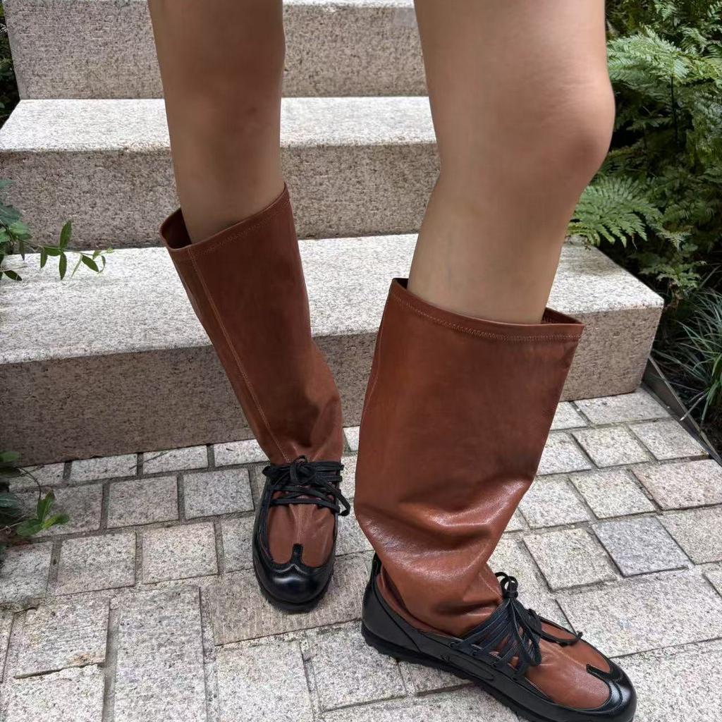 Cowhide Version~ Genuine Leather Retro Straps But Knee Boots Women's British Style Thick Heel Pleated Stack Wide Tube Knight Boots