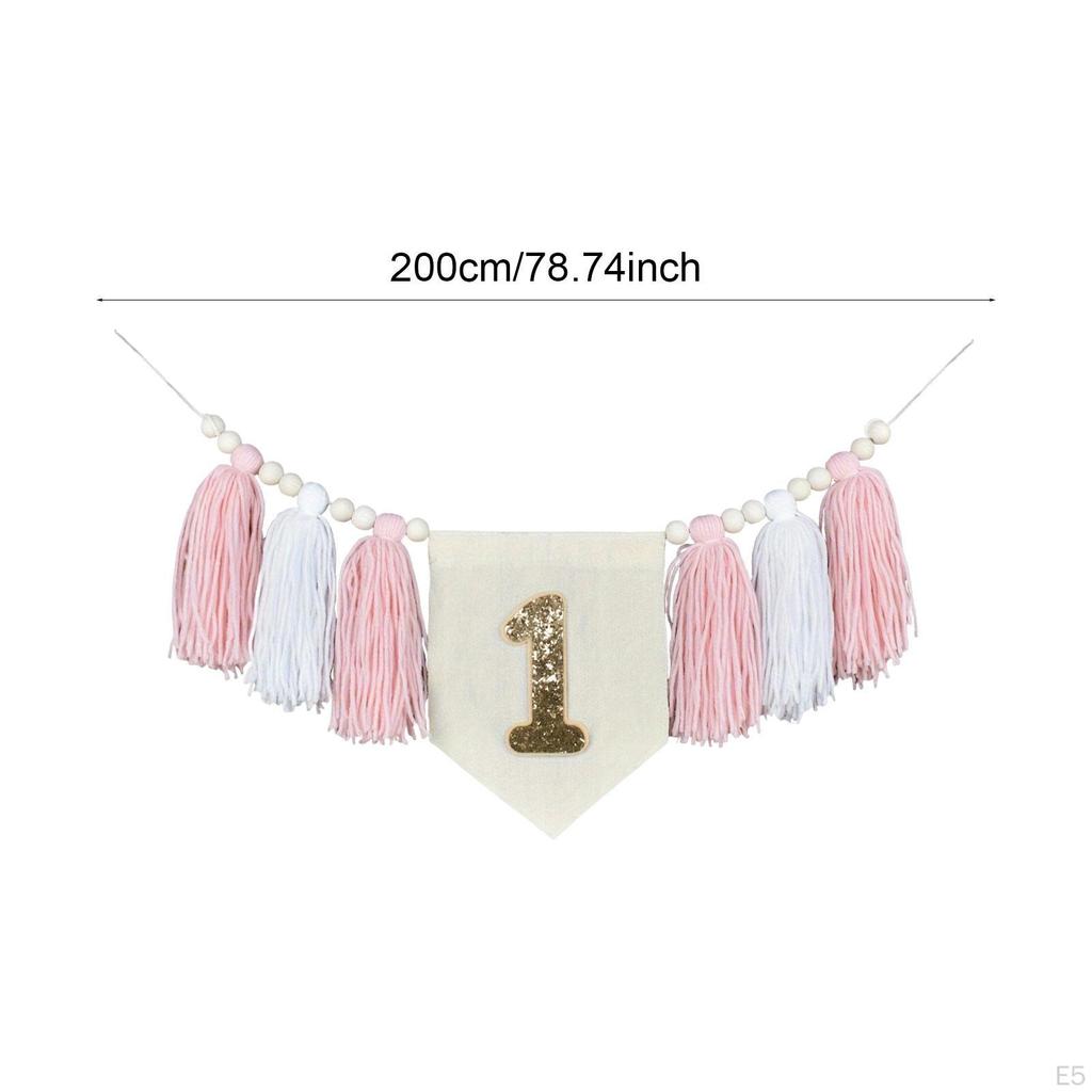 Girl's First Birthday Banner, Decorative Chair Garland with Tassels And Wooden Beads, Polyester