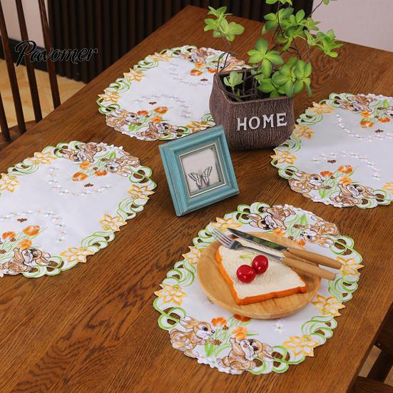 Oval Lace Table Linens Cute Rabbit Placemats, Cartoon Bunny And Tulip Placemat, Hollow Out Floral Kitchen Decor Accessories Place Mat, Fabric