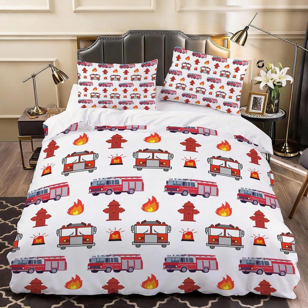 3D Printed Firetruck Quilt Cover, Soft Microfiber Duvet Cover with Hidden Zipper and Pillowcase, Breathable, Machine Washable