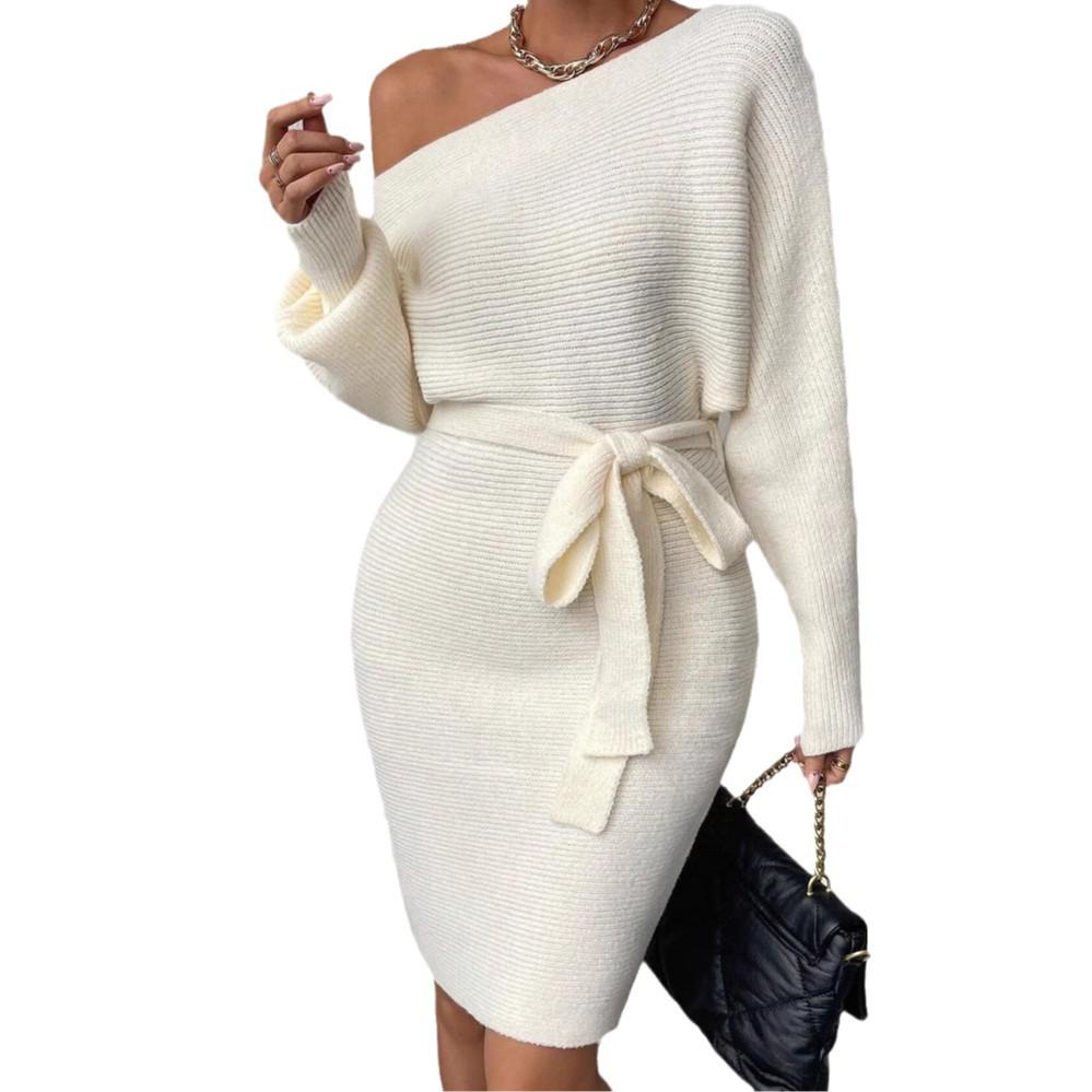 2024 Autumn Women's Solid Color Asymmetric Tie-Waist Long Sleeve Dress