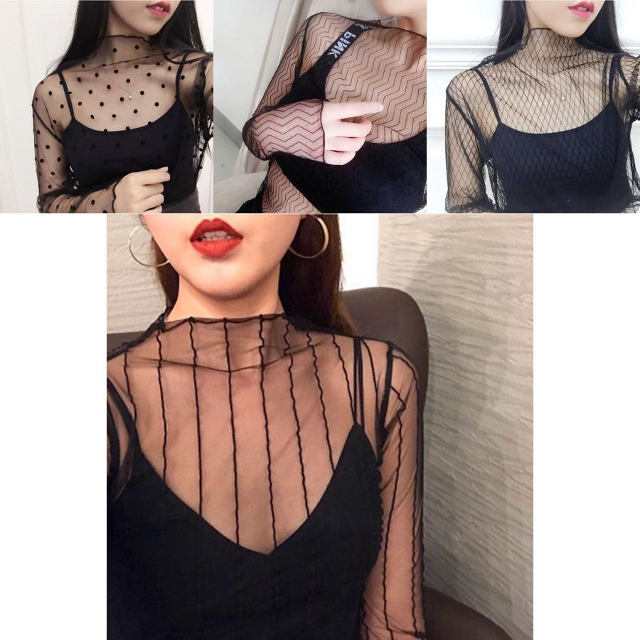 Women Mesh Top With Nylon Fabric Long Sleeve Sheer Lace Shirt For Spring Summer Fashion