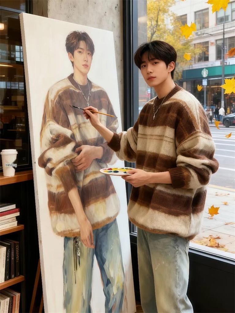 Men's Retro Color Block Mohair Crew Neck Sweater - Winter Trendy, Lazy Style Knitwear for Couples