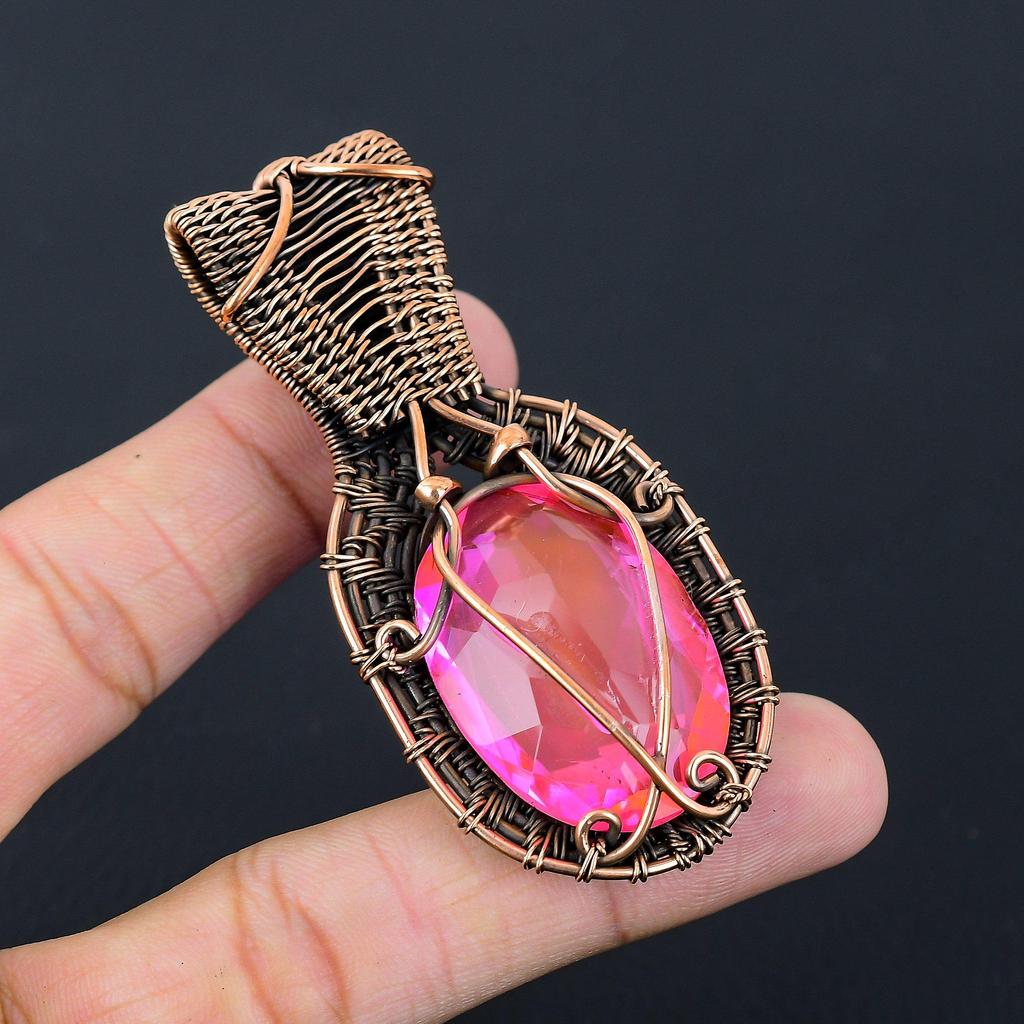 Amazing Rubellite & Moonstone Gemstone Handmade Pure Copper Wire Wrap Jewelry Pendant
