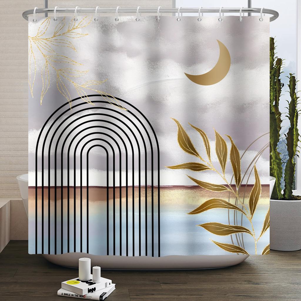 Abstract Bohemian Shower Curtains Medieval Arch Sun Leaf Modern Minimalist Line Geometric Decorative Bathroom Waterproof Curtain