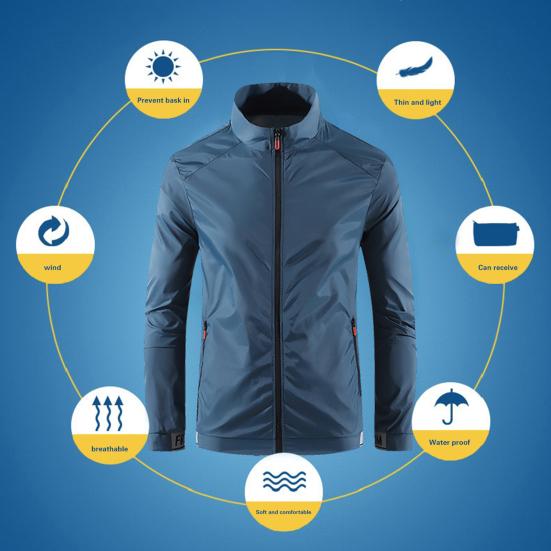 Men Outdoor Jacket Stand Collar Zip Placket Breathable Pocket Ultrathin Sportswear Anti-UV Plus Size Camping Sun Protection Clothing Men Clothes
