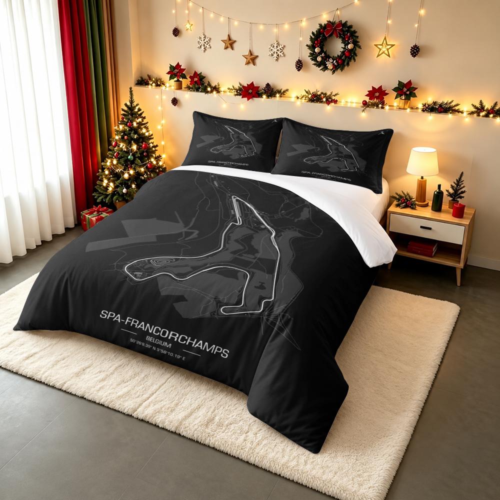 Spa Francorchamps Race Track Map Bedding set (1 duvet cover, 2 pillowcases, duvet not included), Dark Minimalist Circuit Poster Art Print