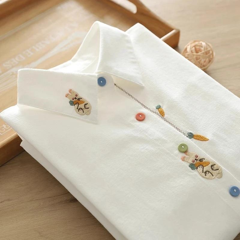 Spring Artistic Fresh Rabbit Embroidered White Long Sleeve Women's Shirt Student Versatile Button