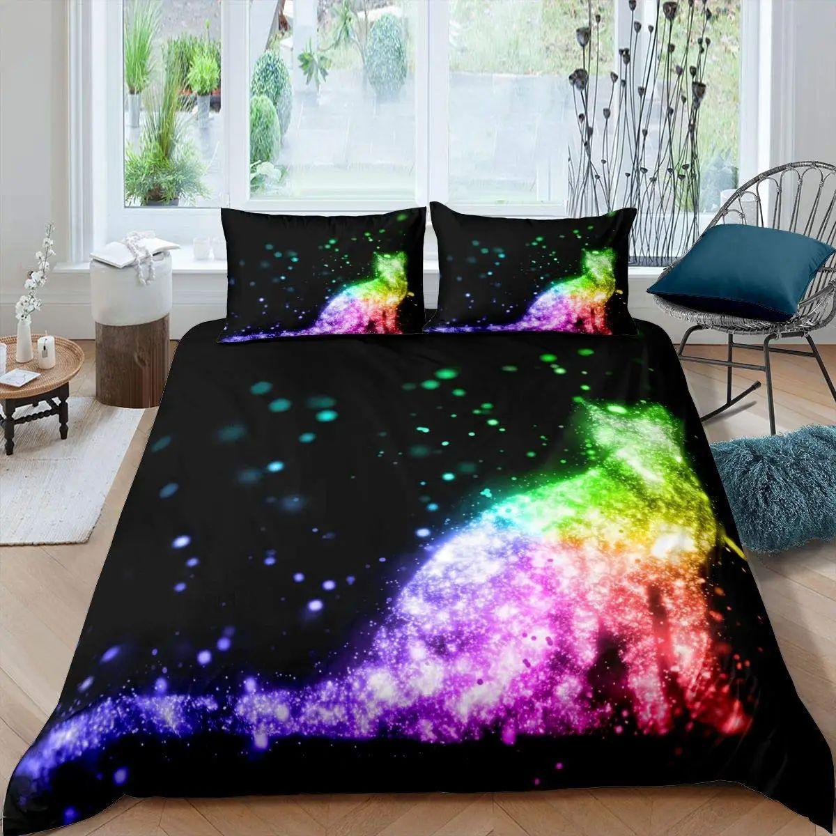 

Rainbow Cat Butterfly Duvet Cover Three-Piece Set Watercolor Galaxy Outer Space Bedding Set With Pillowcase EU single 135*200