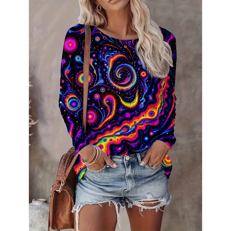 Womens Casual Abstract Print Long Sleeve Crew Neck T-Shirt 3D Effect 2025 Comfort Fit