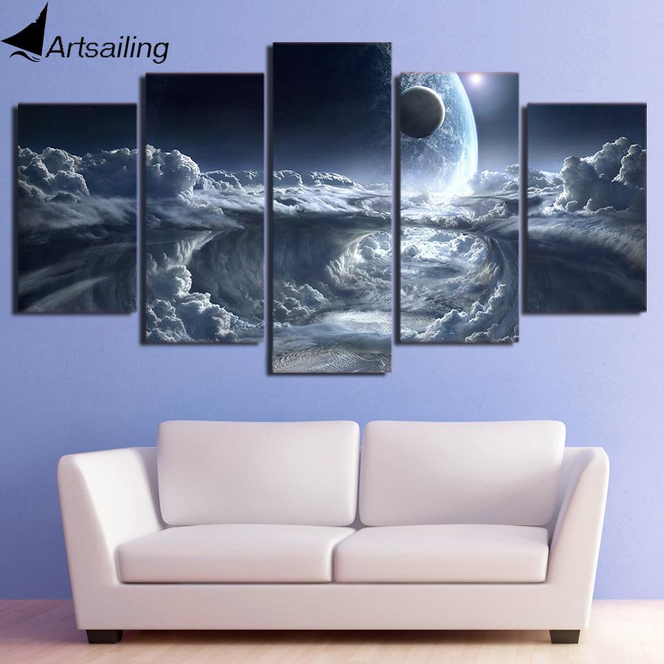 Immagini da parete stampate in HD su 5 pezzi su tela Alien Planet Moons Space per soggiorno