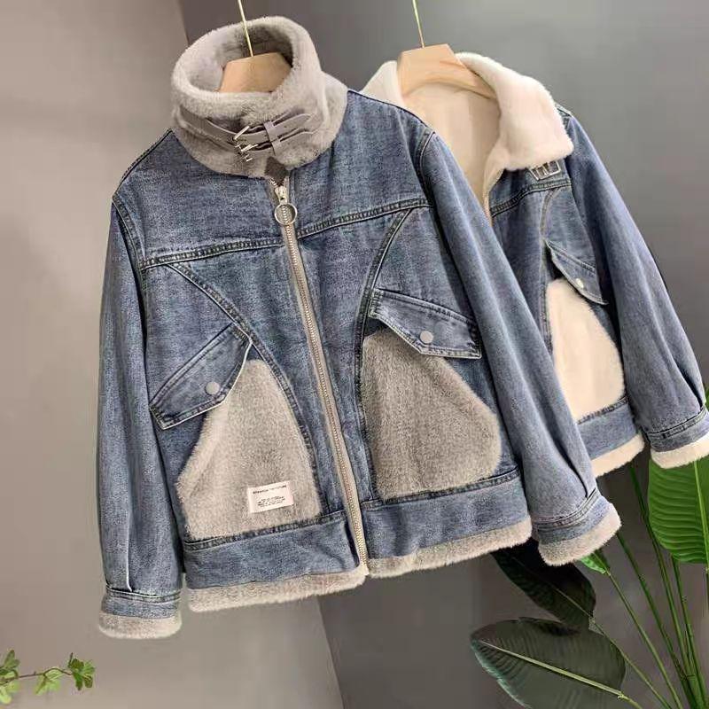 Cozy Denim Jacket with Faux Mink Fur Trim, Ideal for Fall and Winter