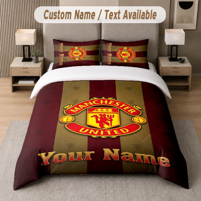 Custom Bedding Set Manchester United Pattern, Print Name Text 1 Duvet Cover plus 2 Pillowcases Home Textile