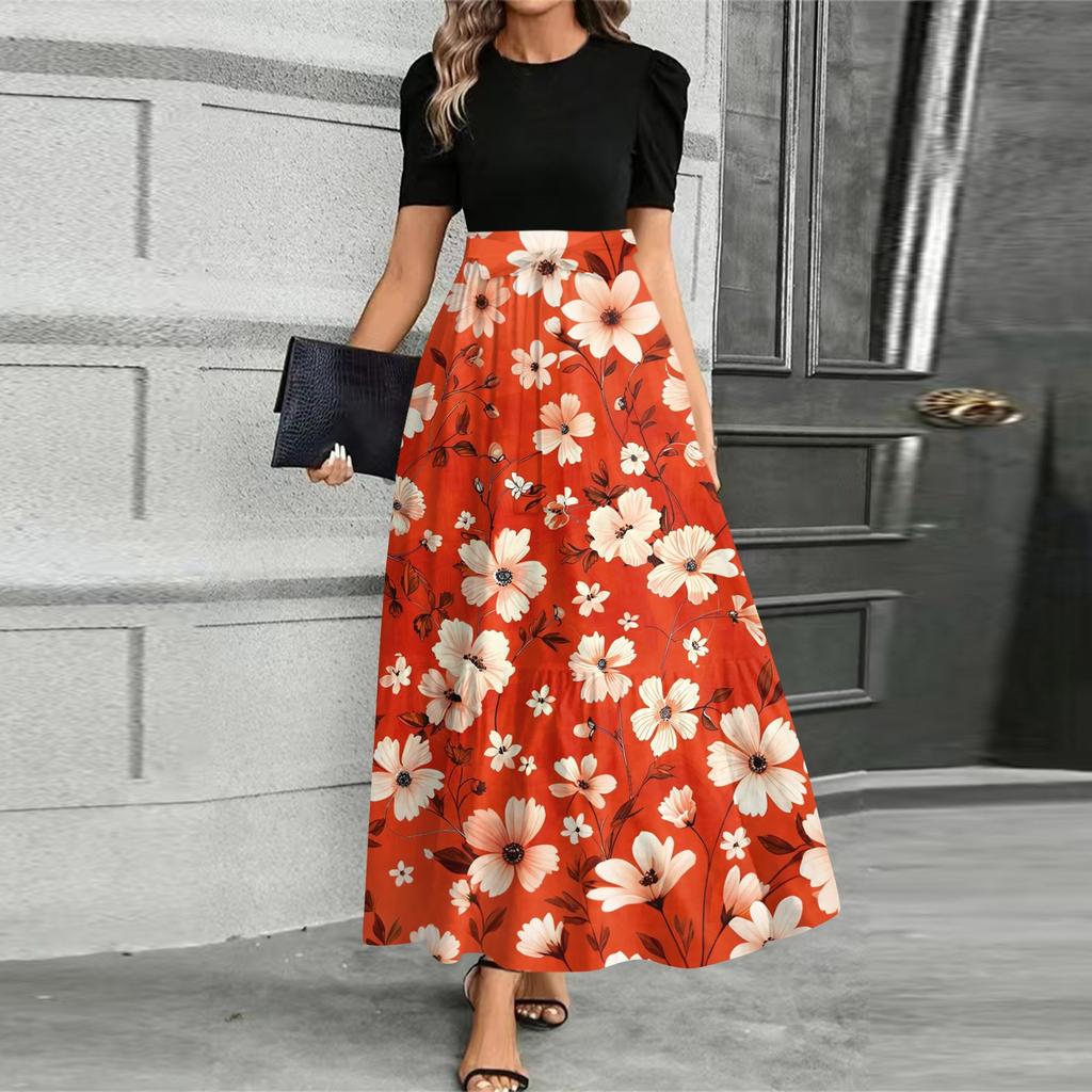 Damen Modisches Lässiges Gürtel Kurzärmeliges Rundhals Print Elegantes Temperament Kleid